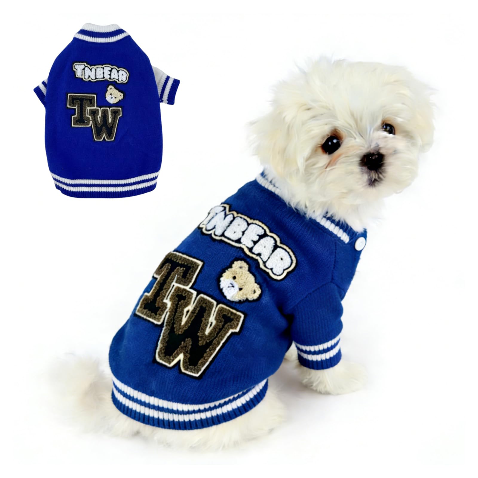 Blue Knitted Dog Cardigan with Baseball Jacket Style - Warm Winter Jumper for Small & Medium Breed Pets (Size M）
