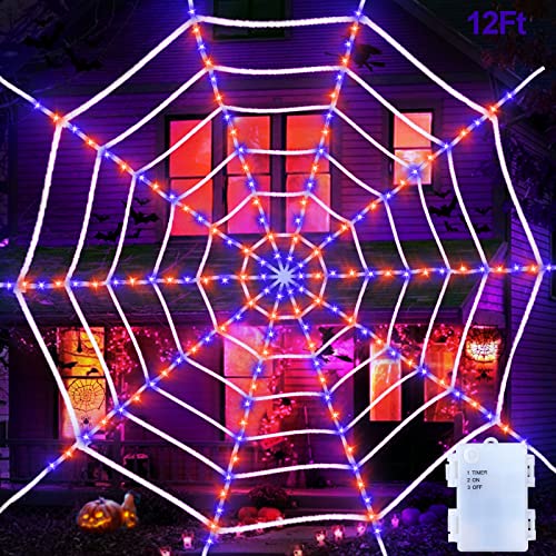 [ Prelit & Avoid Tangled Mess ] 12Ft 120LED Giant Halloween Spider Web Decor with Orange Purple Net Lights Timer Battery Operated Waterproof Halloween Decorations Outdoor Indoor Home Yard Garden Patio