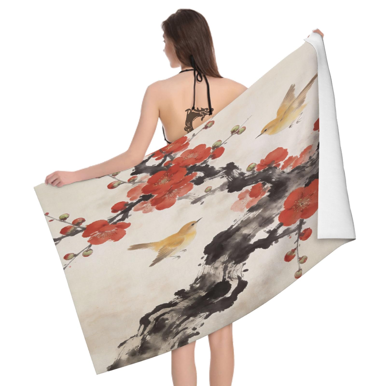 Leichong 3D Pattern Plum Beach Towel Large Microfiber Soft Quick Dry for Adults, Red Plum Blossom Illustration Bath Towel Lightweight Soft Absorbent for Travel Swimming Pool Sports, 80 x 160 cm