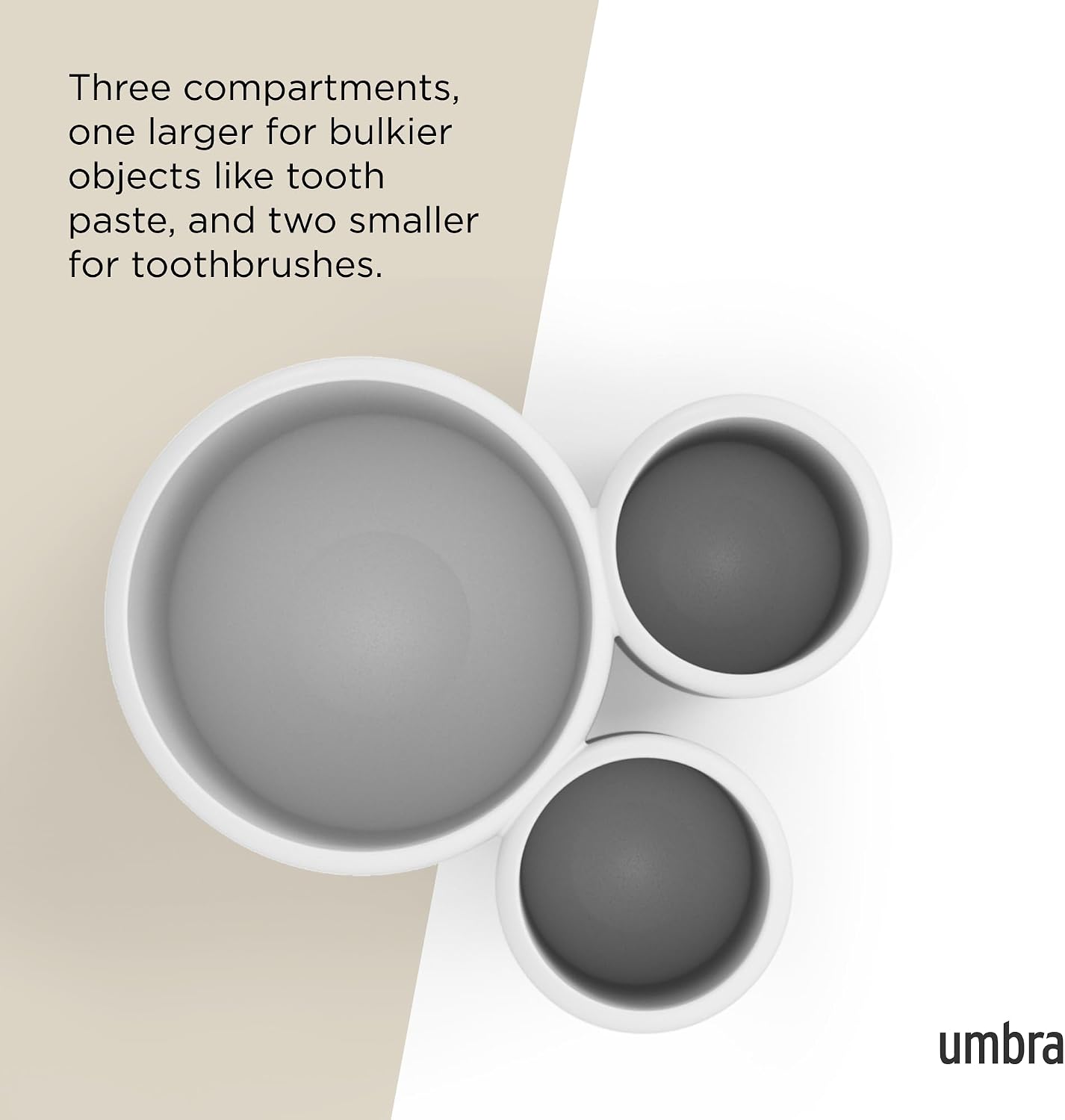 Umbra Touch Toothbrush Holder, 3-Compartment Toothpaste Organizer, White | Matte finish, easy to clean, compact design, durable material, recycled plastic