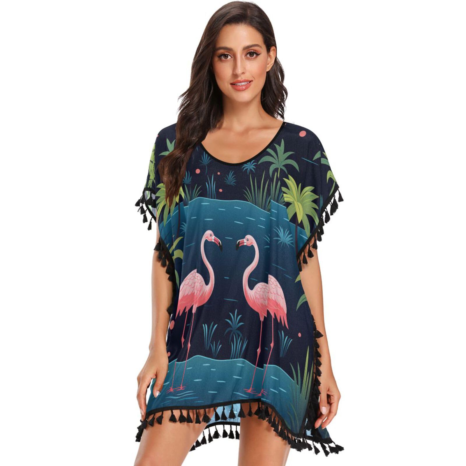 Funny Cartoon Art Flamingo Women's Beach Cover Up Chiffon Tassel Swimwear Swimsuit Coverups for Girl