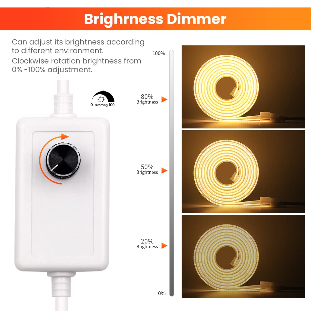 Tira LED COB 220V 288 LEDs/m – Luz De Neón Flexible Regulable IP65, Blanco Cálido (2m) Para Dormitorio O Exterior