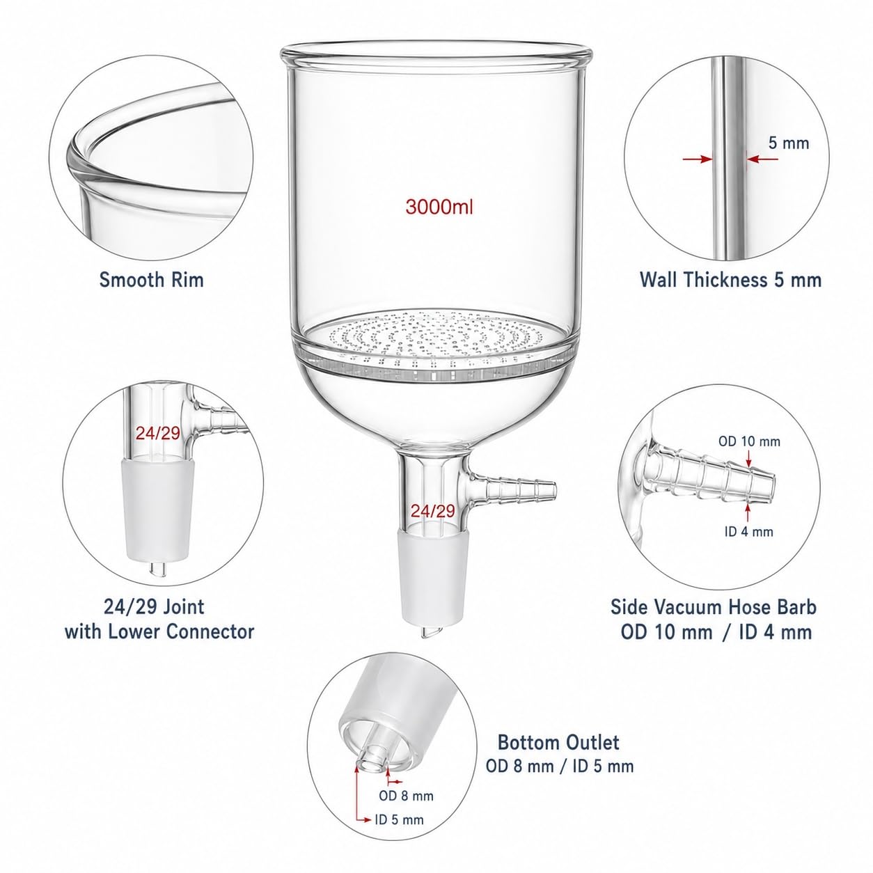 Büchnertrichter Poröse Glasplatte Große Kapazität Vakuum Laborfilter-29/32# 10000ml