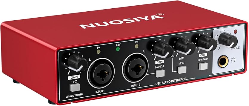 USB Audio Interface for PC Computer Recording Music, Red 2x2 Guitar Audio Interface for Mac 24Bit/192kHz Podcasting Streaming for Vocalist Producer with 48V Phantom Power