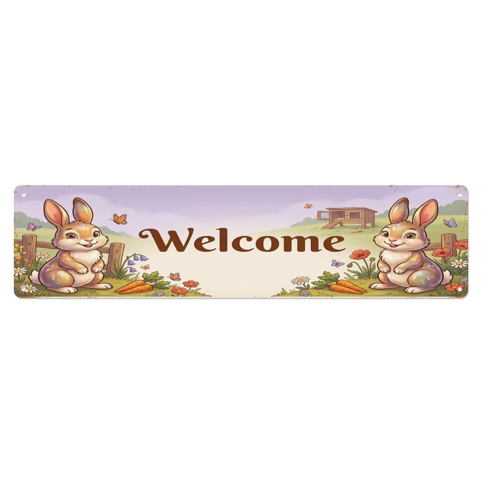 Cxhjca 4X16inch(10X40cm) Vintage Welcome Satin Rabbit Metal Tin Sign