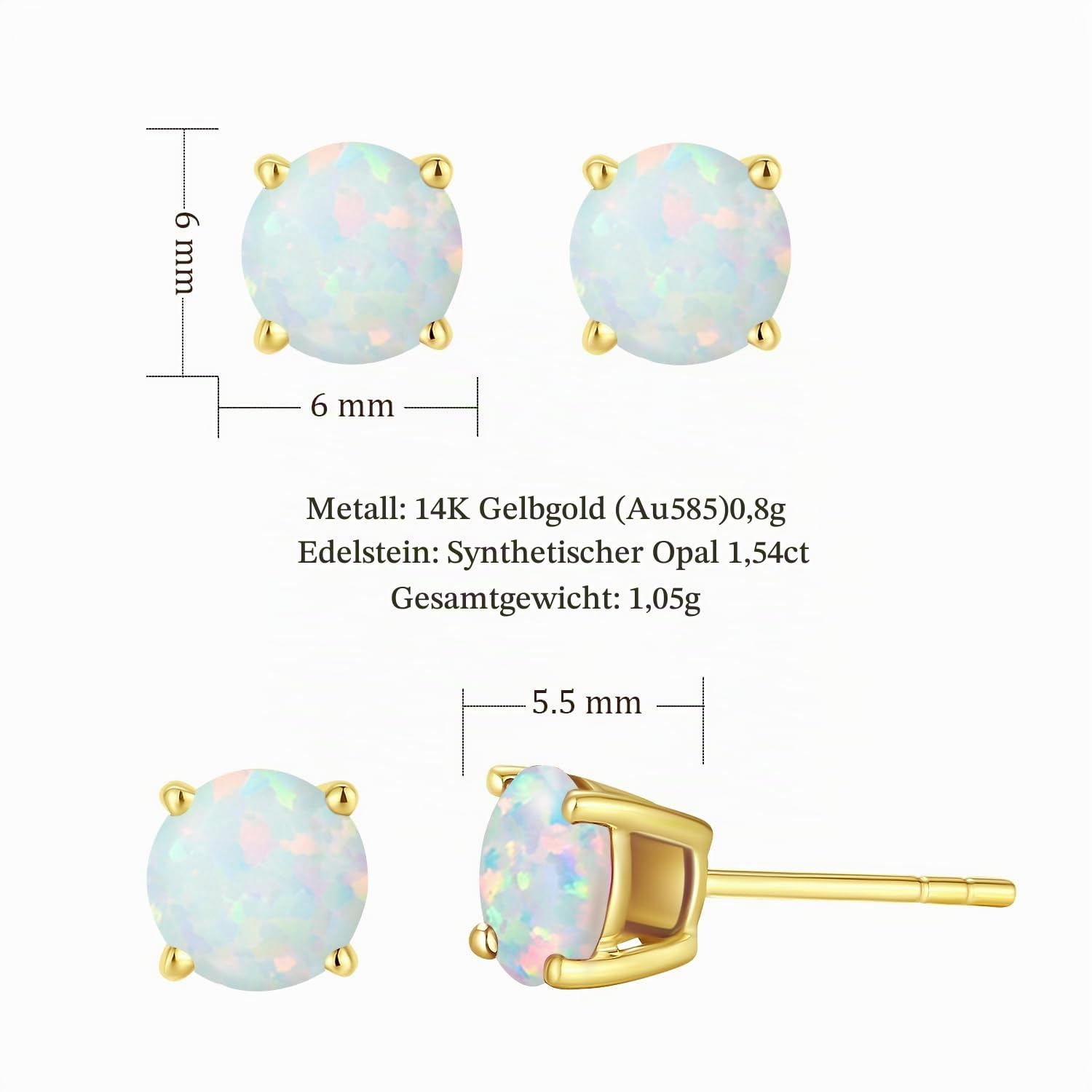 FANCIME Solide 14 Karat 585 Gelb Gold Klein Ohrstecker Ohrringe mit Echt Natürlich/Synthetische Edelsteine Schmuck für Damen Mädchen Mama, Durchmesser: 6 mm