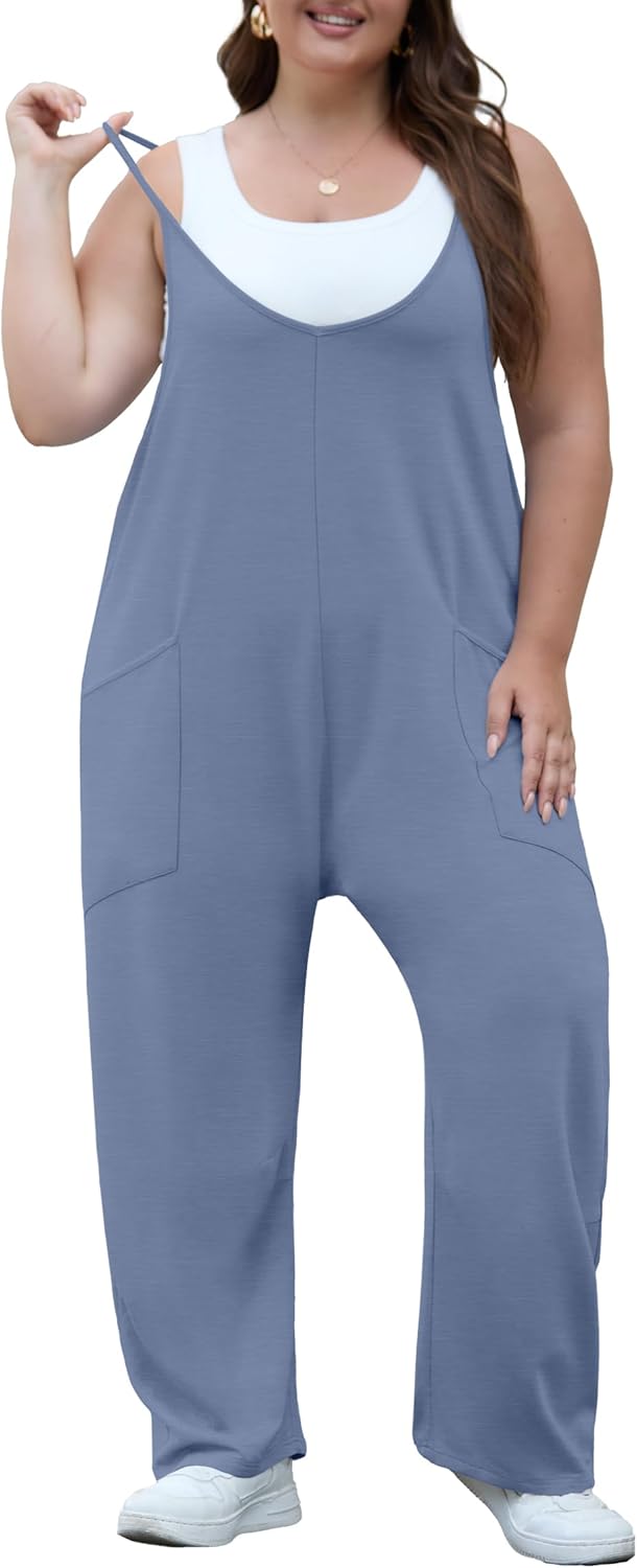 OLRIK Women Plus Size Overalls Adjustable Strap Stretchy Jumpsuit Loose Comfy Romper with Pocket Spring Summer Outfits 2026