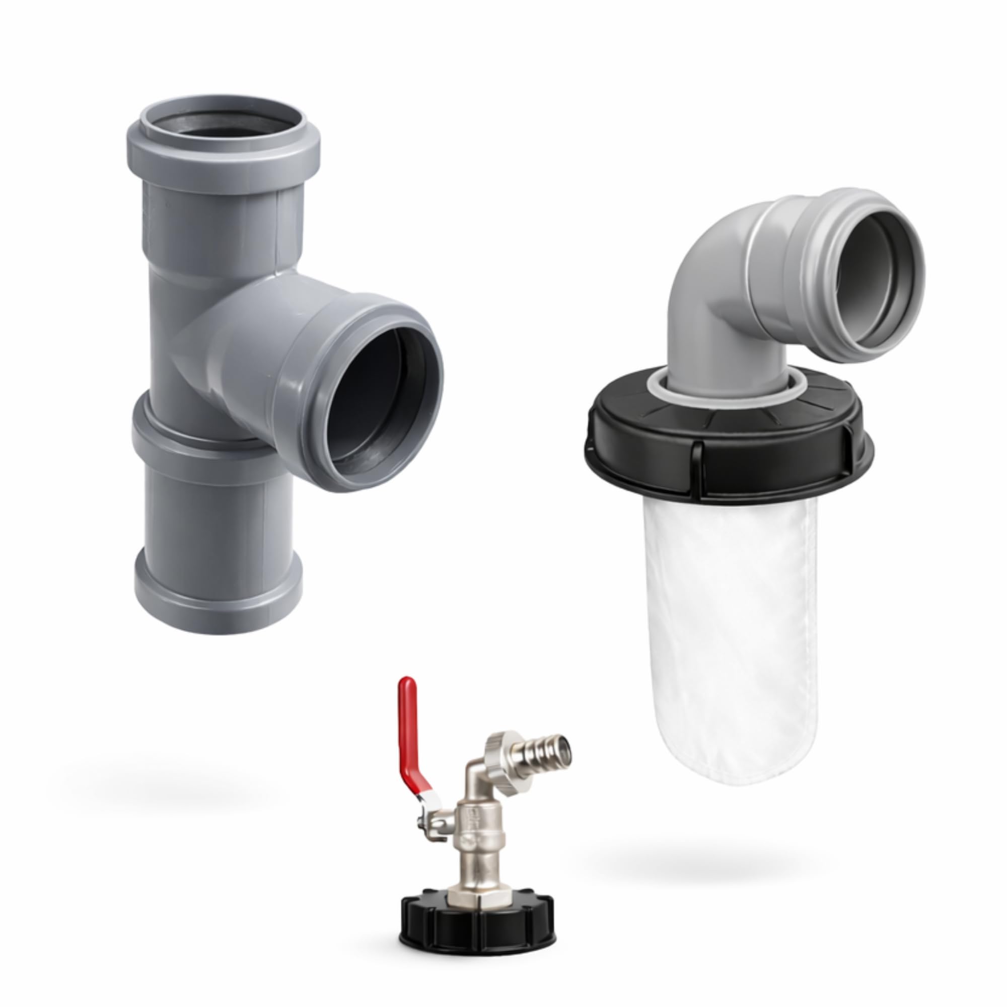 FN-Technik® Regenwasser Komplettset für IBC DN 150 – Fallrohrsammler DN 75 mit Filterbeutel & Messinghahn