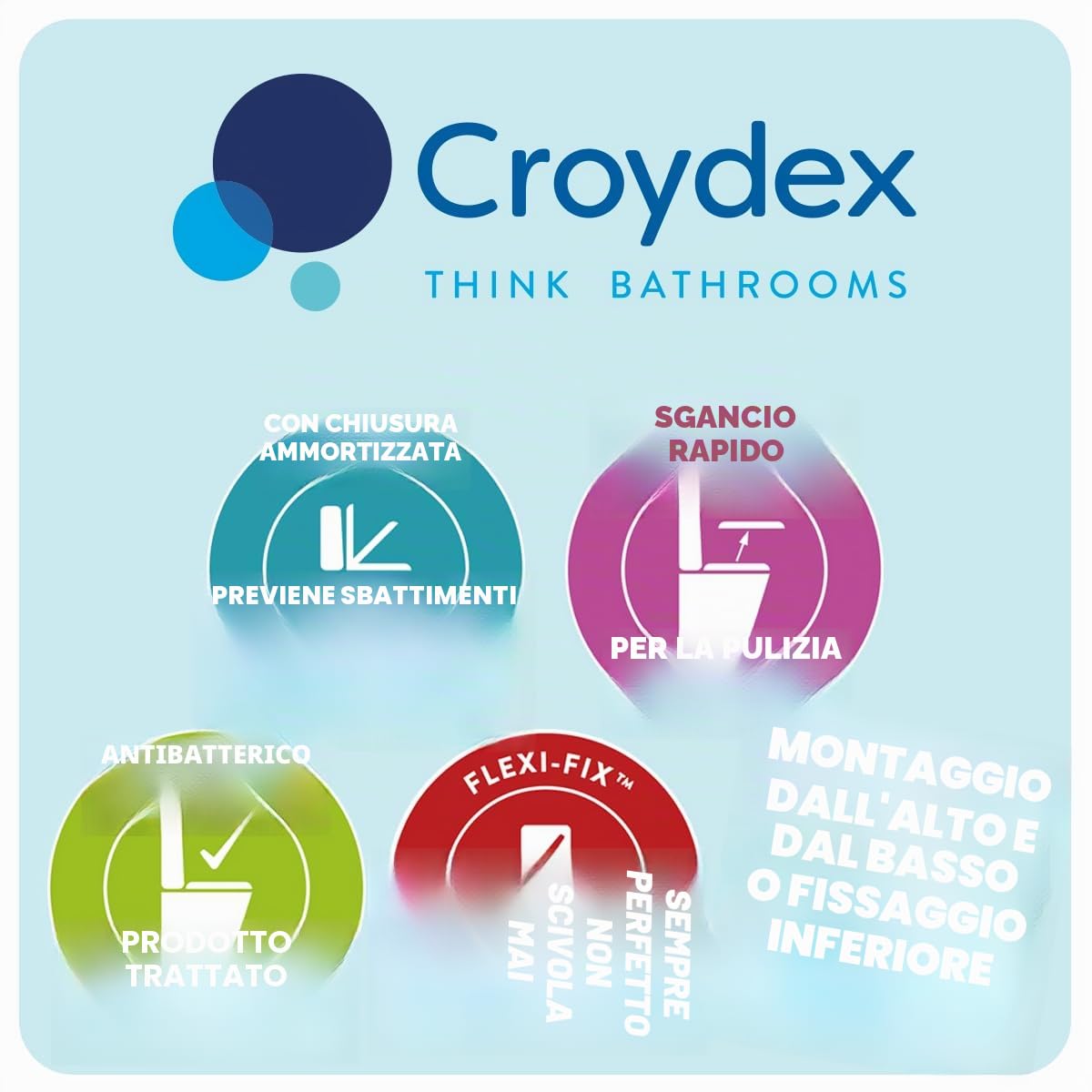 Croydex Levico Flexi-Fix - Sedile WC a forma di D, chiusura rallentata, pulsante di sgancio rapido per una facile pulizia, cerniere regolabili con fissaggi superiore e inferiore inclusi, superficie