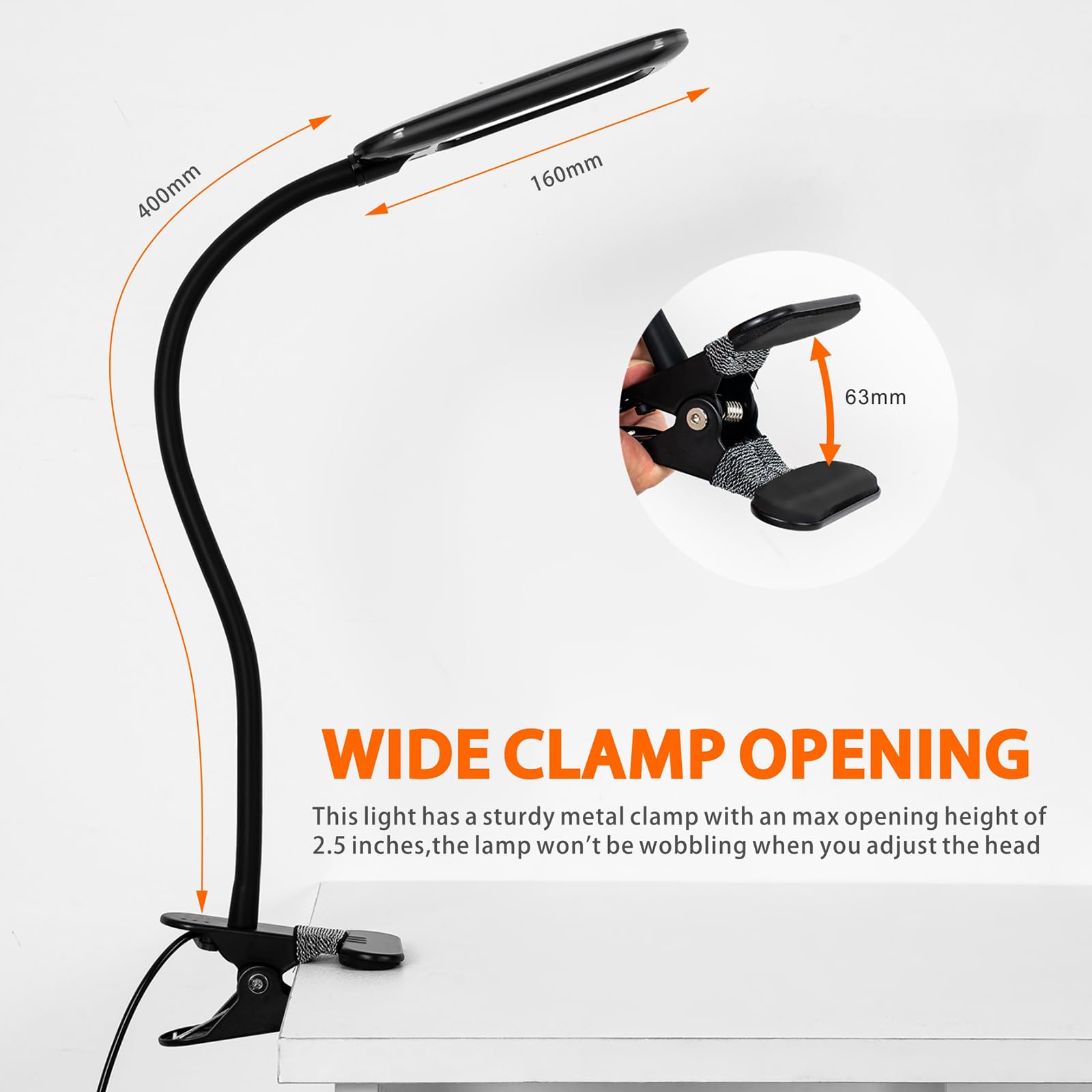Clip Lights,USB Powered Clip On LED Desk Lamp,Eye Caring Dimmable 8w Bedside Book Light for Reading in Bed,40cm Long Gooseneck Clamp Lamp for Dorm/Lash/Gaming/Puzzle Art Drawing(Adapter Included) - Image 3