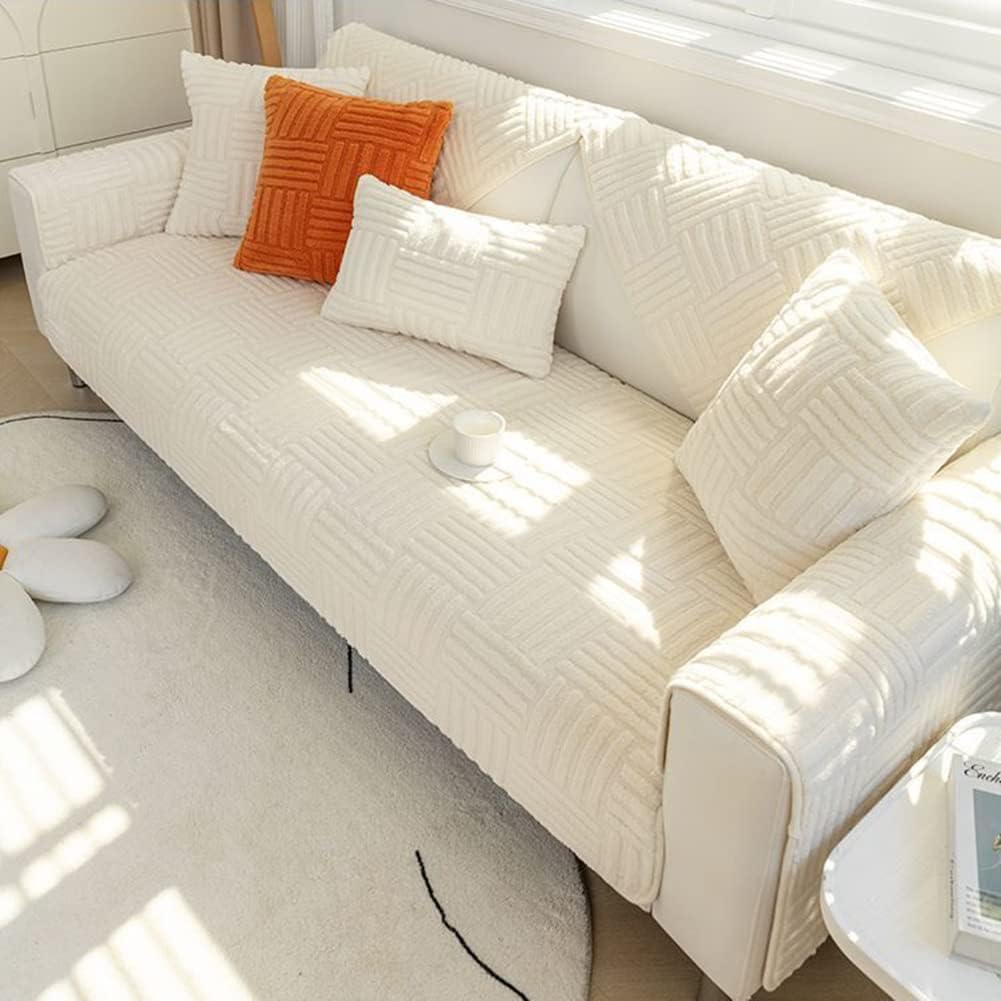 RAKKYOSofa Covers for 1/2/3 Cushion Couch,Soft Plush Sectional Couch Covers Solid Color Anti-Slip Sofa Slipcover Furniture Protector for Dogs Pet Armrest Backrest Cover (Color : Beige, Size : 43" x9