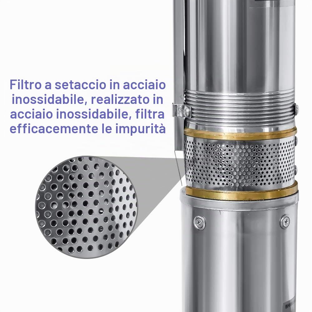 Gimisgu Pompa per pozzo profondo con portata di 4000 l/h, pompa dell'acqua in acciaio inox, prevalenza massima 34 m con cavo da 20 m, pompa a pressione sommersa 3,4 bar, compatibile con la sabbia