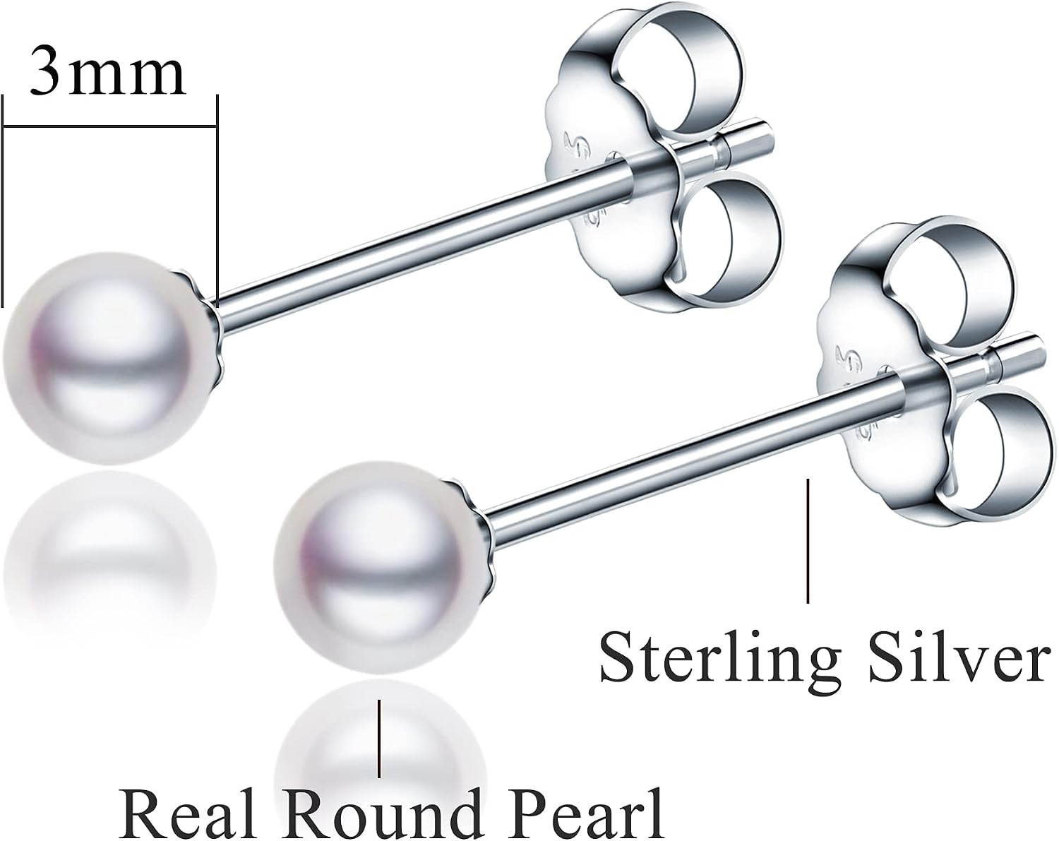 Small Pearl Earrings for Women 925 Sterling Silver Genuine 3mm Tiny Pearl Studs Earrings Mini Freshwater Cultured White Real Round Pearls