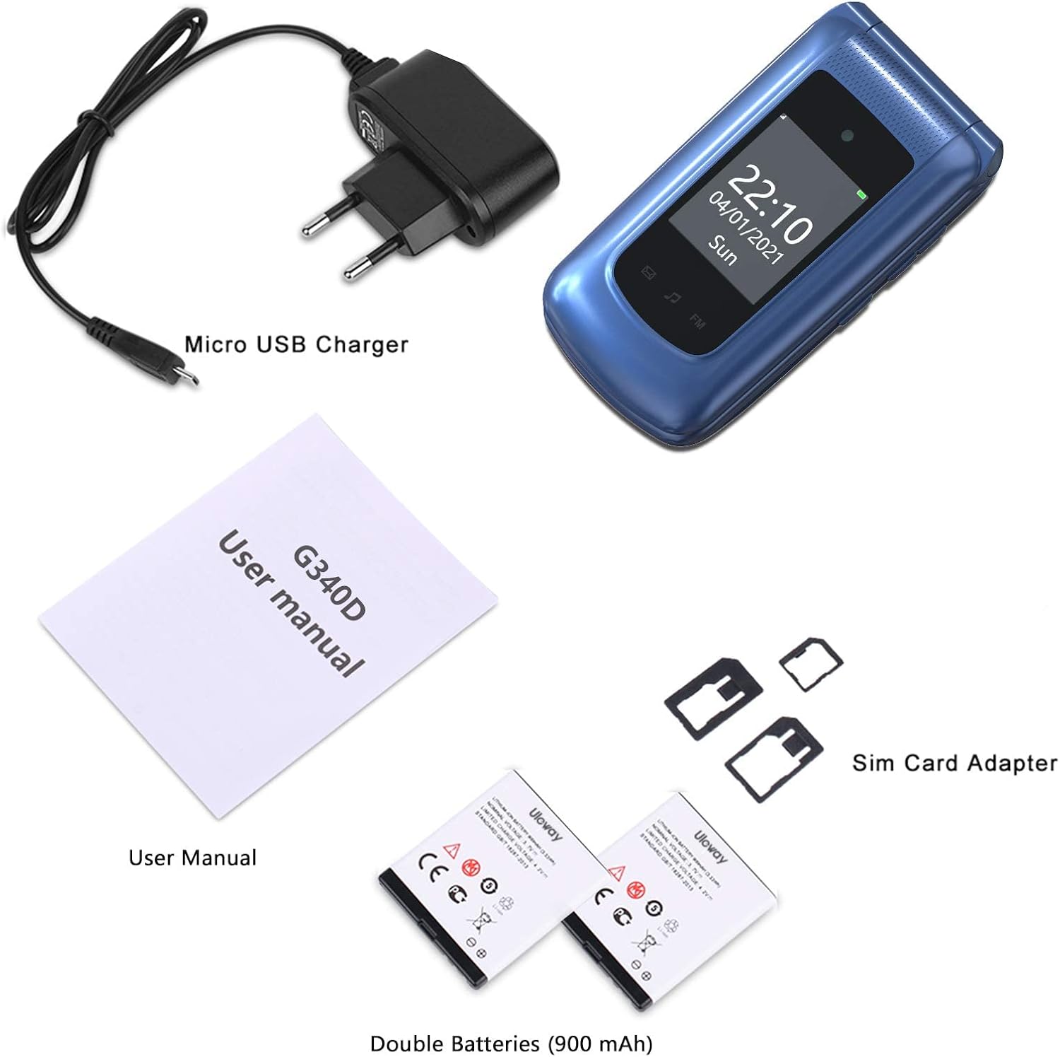 Contents of the Uleway phone package including phone, charger, batteries, SIM adapter, and user manual