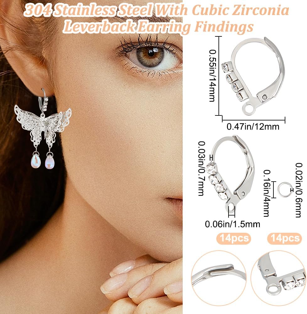 Beebeecraft 1 Box 14Pcs Leverback Earring Findings Stainless Steel with Cubic Zirconia French Earring Hooks with Jump Rings for Jewellery Making