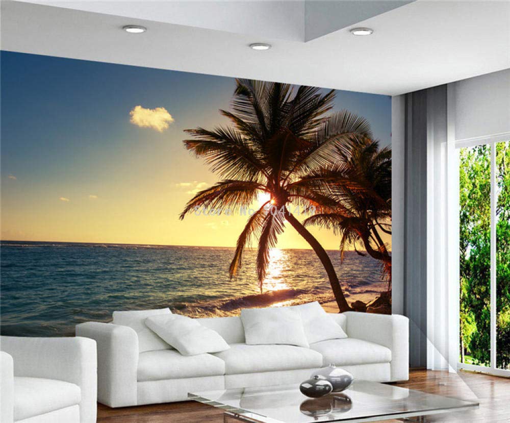 Murale photo plage coucher de soleil 3D WLLLO pour décoration salon et café en 300x210 cm
