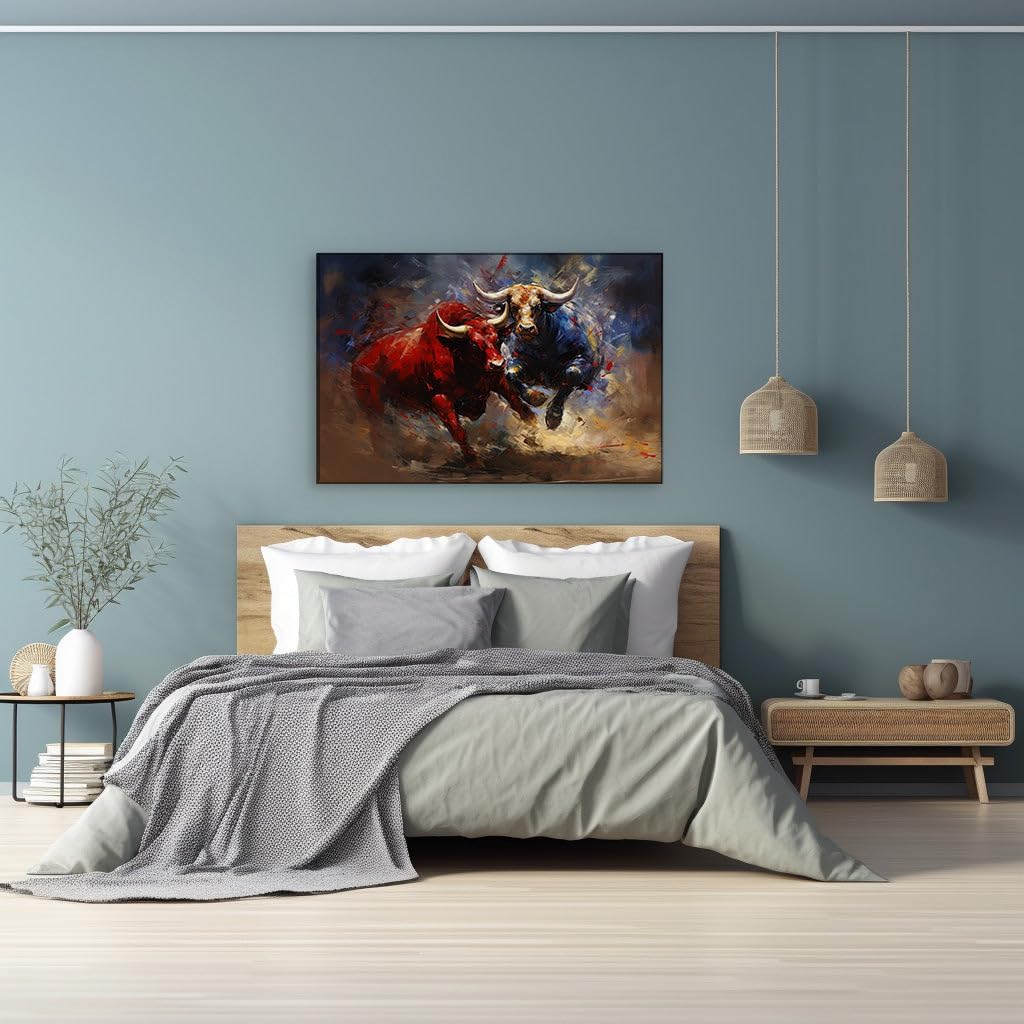Canvas for Living Room. Charging Bulls in Digital Clash - A Battle of Red and Blue Dominance, 27 x 18 inch Canvas Wall Art - Ready to Hang