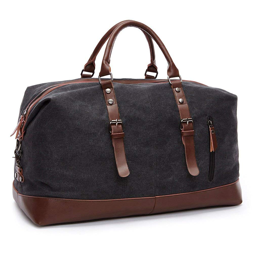 TILEMALL Borsone da viaggio oversize in tela da viaggio, borsa a tracolla, borsa a tracolla per la notte, borsa da weekend, unisex, con manico in finta pelle, Nero, 54cm*33cm*24cm