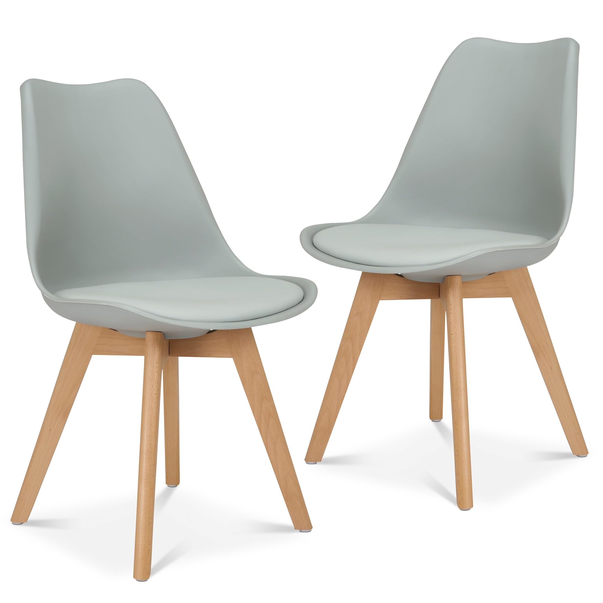 Bravich Rocco Dining Chairs Set of 2 with Cushion Pad Seat, Silver Grey Plastic Kitchen Chairs with Wooden Legs, Modern Accent Chairs for Dining Room, Bedroom and Dressing Table