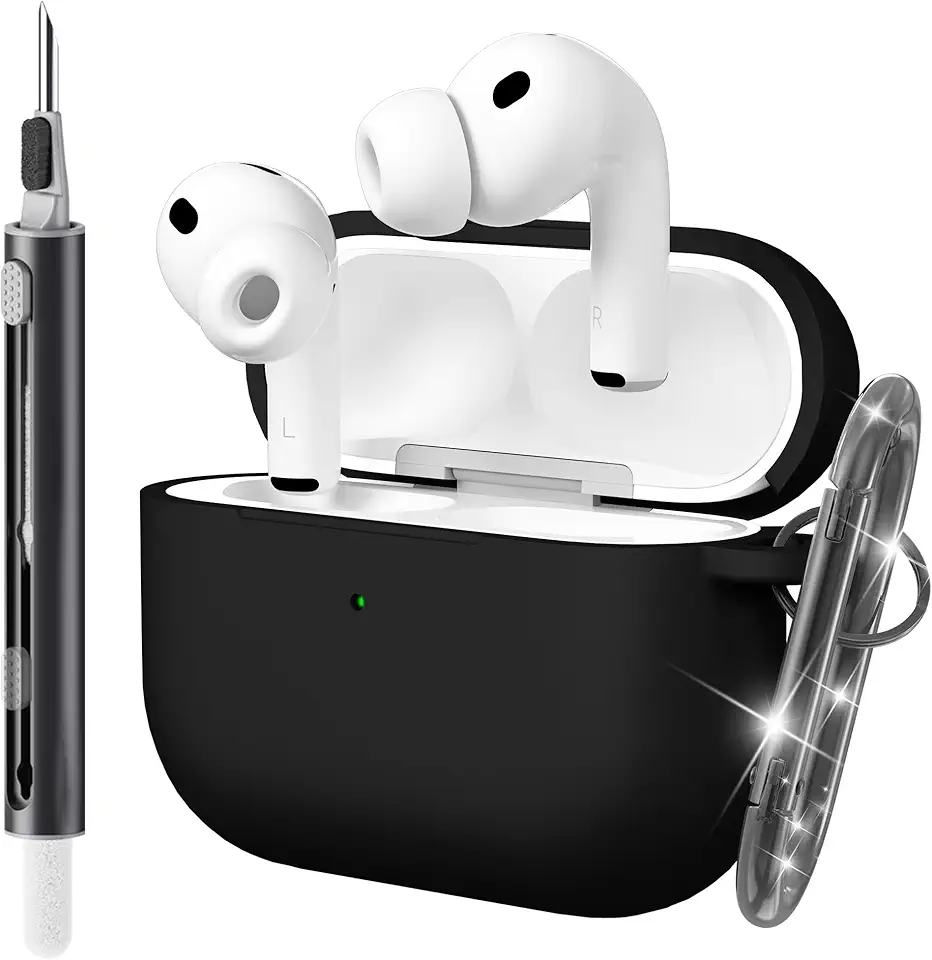 Seltureone Coque pour AirPods Pro 3 (2025) avec Porte-clés et Kit de Nettoyage, [LED Avant Visible] Protection Case en Silicone Souple Antichoc, Prise en Charge du Chargement sans Fil - Noir