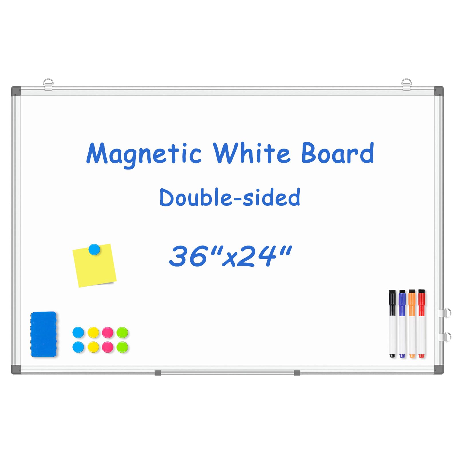 WALGLASS Magnetic White Board, 36" x 24" Double-Sides Dry Erase White Board for Wall, Hanging or Mounted Whiteboard, Horizontal or Vertical, Silver