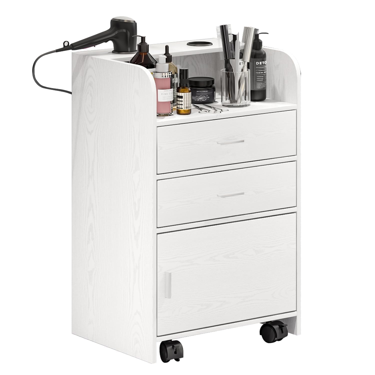 Beauty Salon Station, Rolling Beauty Station for Hair Stylist, Hair Salon Station Storage Cabinet with Wheels, Salon Table with 2 Drawers, Stylist Storage Cabinet with 2 Hair Dryer Holders (White)