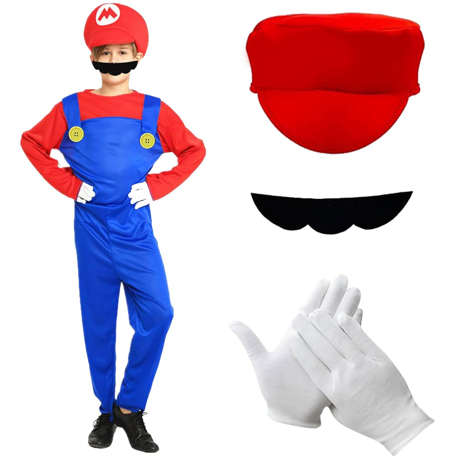 WELLXUNK Disfraz Mario y Luigi Bros, Gorra de Mario y Luigi, Gorra Mario Bros, Disfraz Mario Bros Adulto, Accesorios de Disfraz de Mario con Guantes, Bigote, para Carnaval, Cosplay y Halloween
