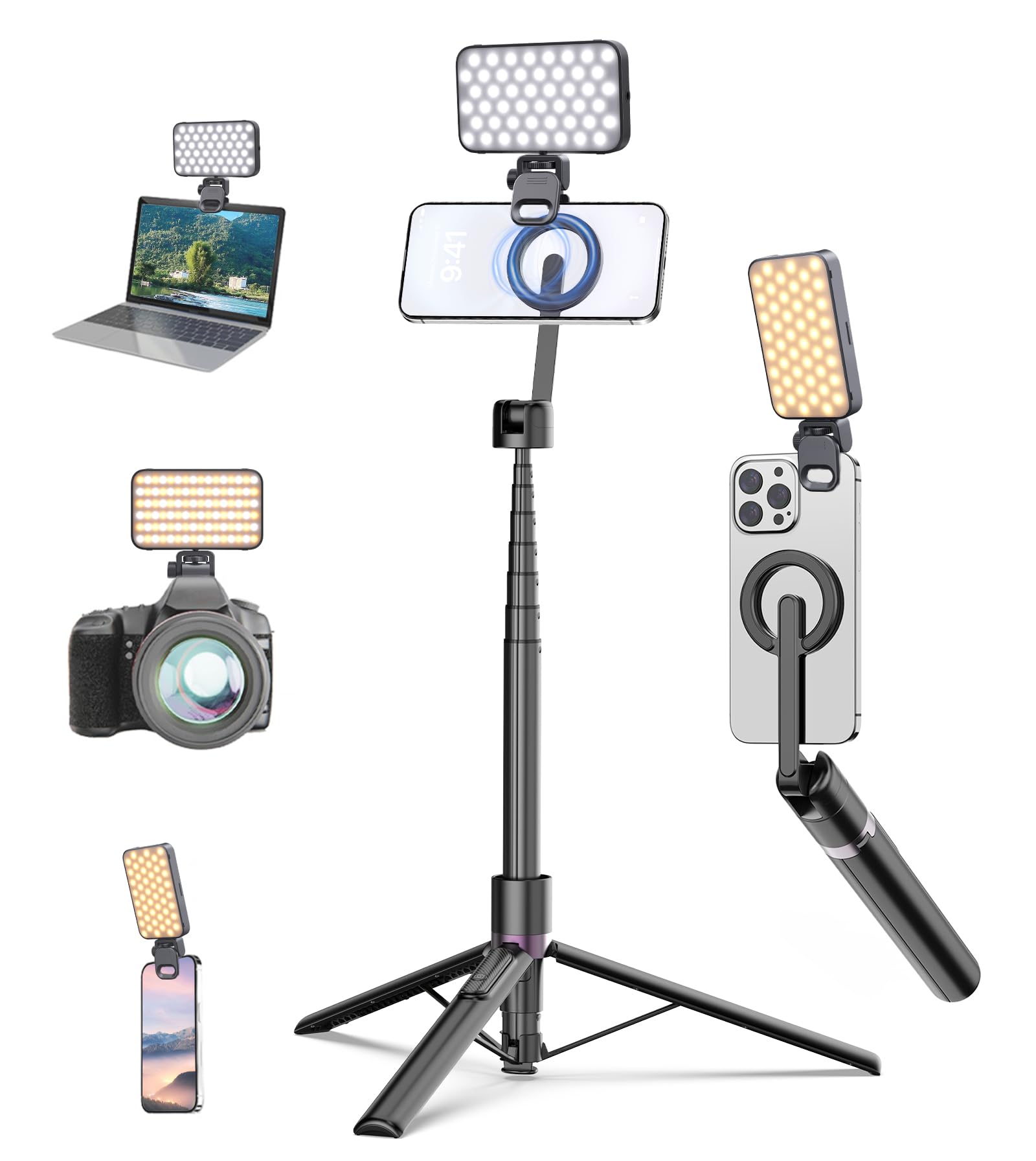 173cm Magnetisches Selfie Stick Stativ Vlogging Kit mit 96LED Videolicht, All in 1 Aluminium Ausziehbares Handy Stativ mit Kameralicht für iPhone/Android