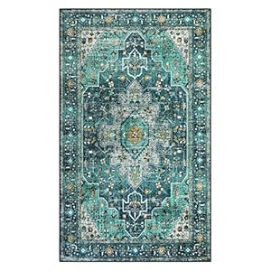 Moynesa Ultra-Thin Washable Vintage Area Rug – 3×5 Boho Entry Throw Rug Non-Slip Oriental Medallion Bedroom Mat Non-Shedding Indoor Floor Carpet for Living Laundry Room, Teal/Mutil
