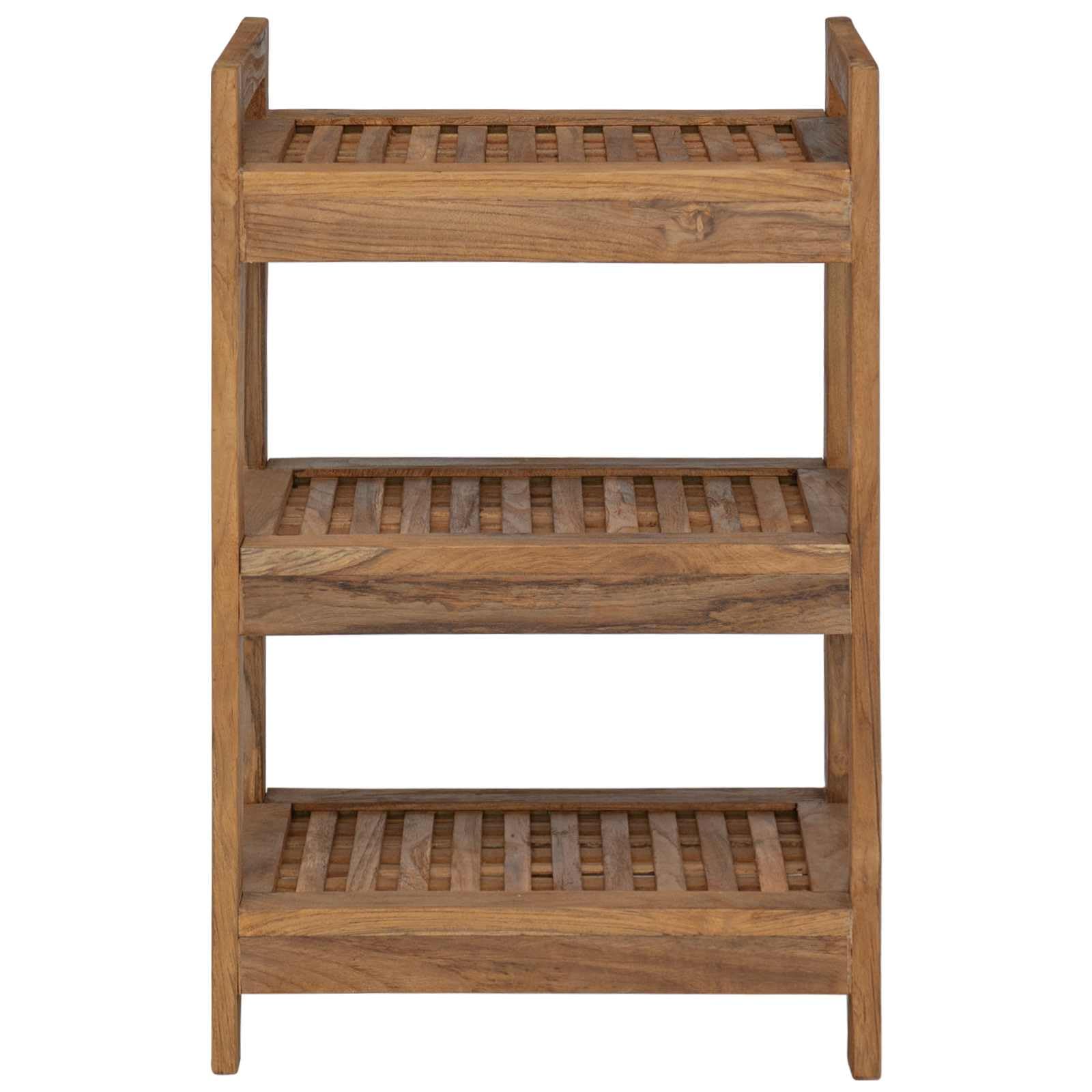 Badregal Natur aus Massivholz Teak, 45 x 30 x 71 cm, 3 Ablagen, platzsparend stehend, Stauraum für Badezimmer, Gäste WC und Waschplatz, rustikale Aufbewahrung für Innenräume