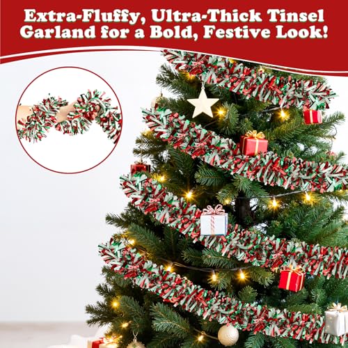 Image of 50FT Christmas Tinsel Garland, Red Green&White Metallic Twist Shiny Hanging Garland Ornaments for Christmas Tree, Party Supplies Thick Metallic Xmas Streamers