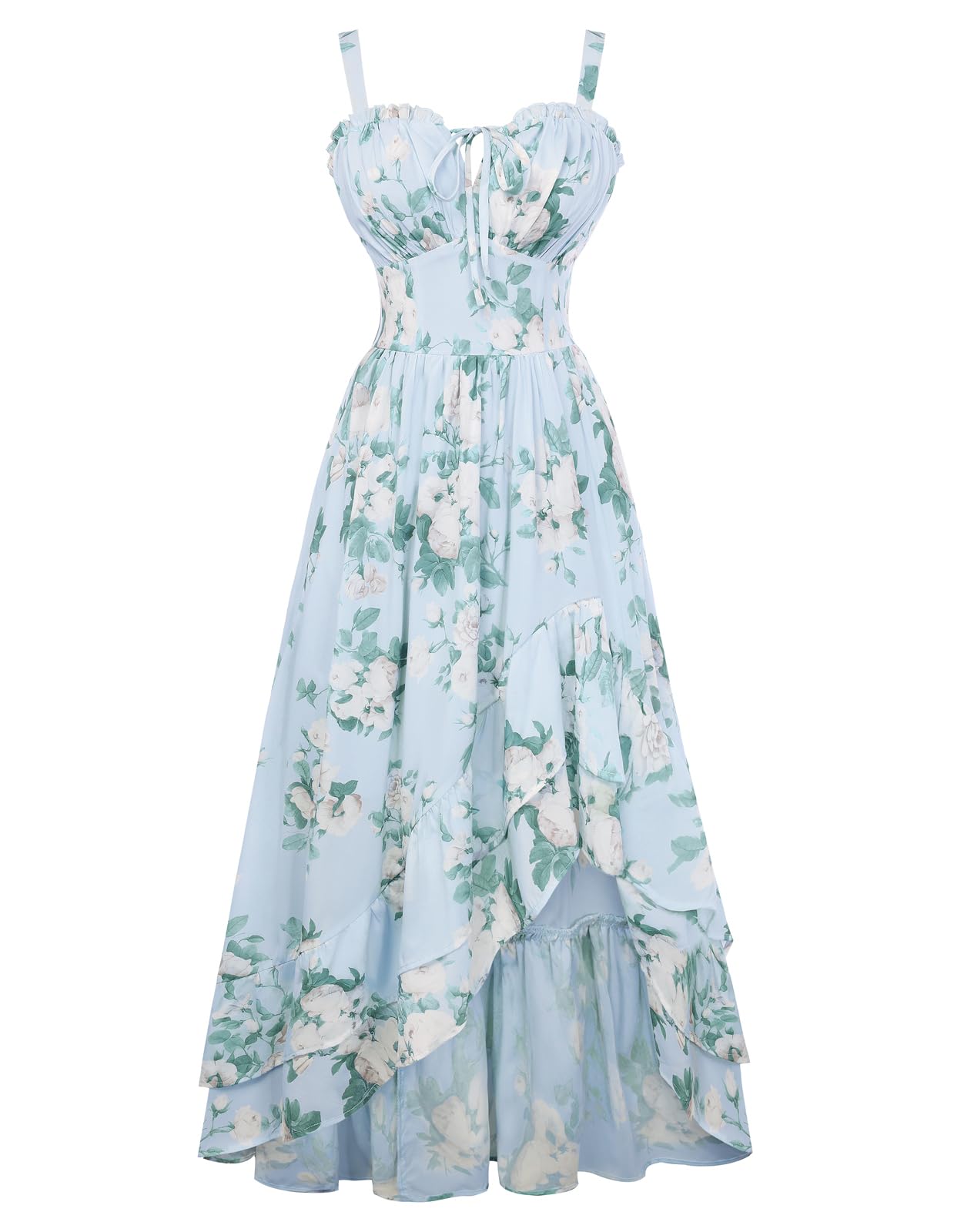 SCARLET DARKNESS Damen Viktorianisches Blumenkleid Spaghettiträger Sommerkleid High-Low Rüschensaum Lang Kleider Blau mit Weiß Blumen M