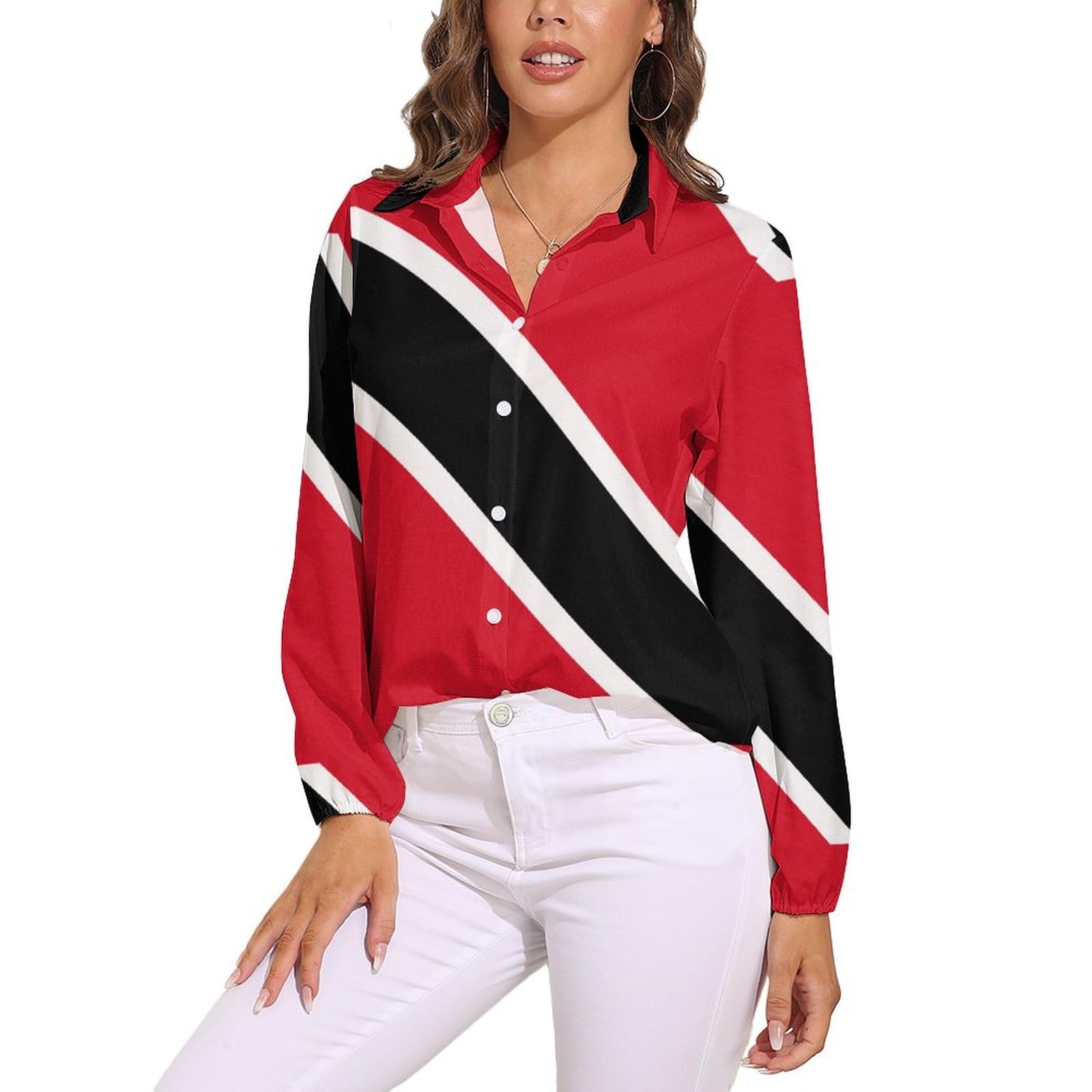 Cmagnifico Women's Trinidad And Tobago Flag Blouse, Long Sleeve Shirt, Button Down Shirt For Work Party