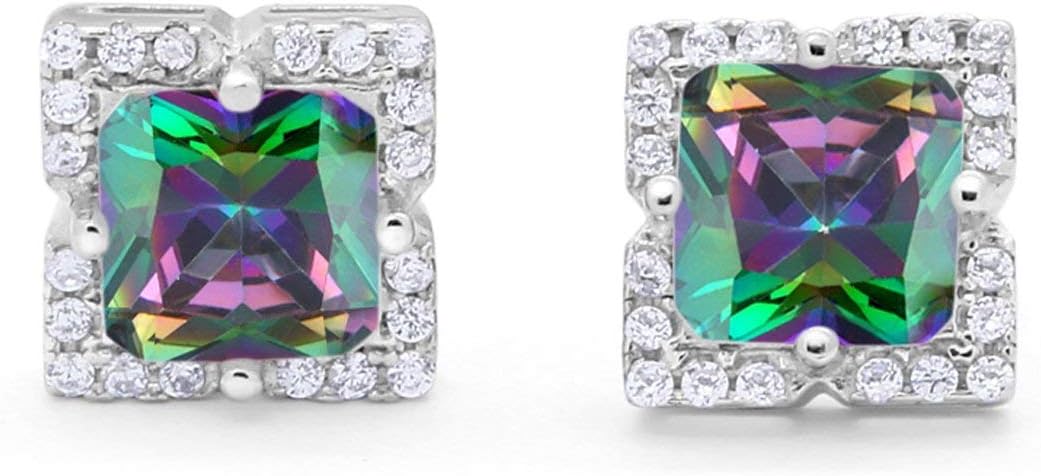 Halo Princess Cut Wedding Engagement Bridal Stud Earrings Round Cubic Zirconia 925 Sterling Silver