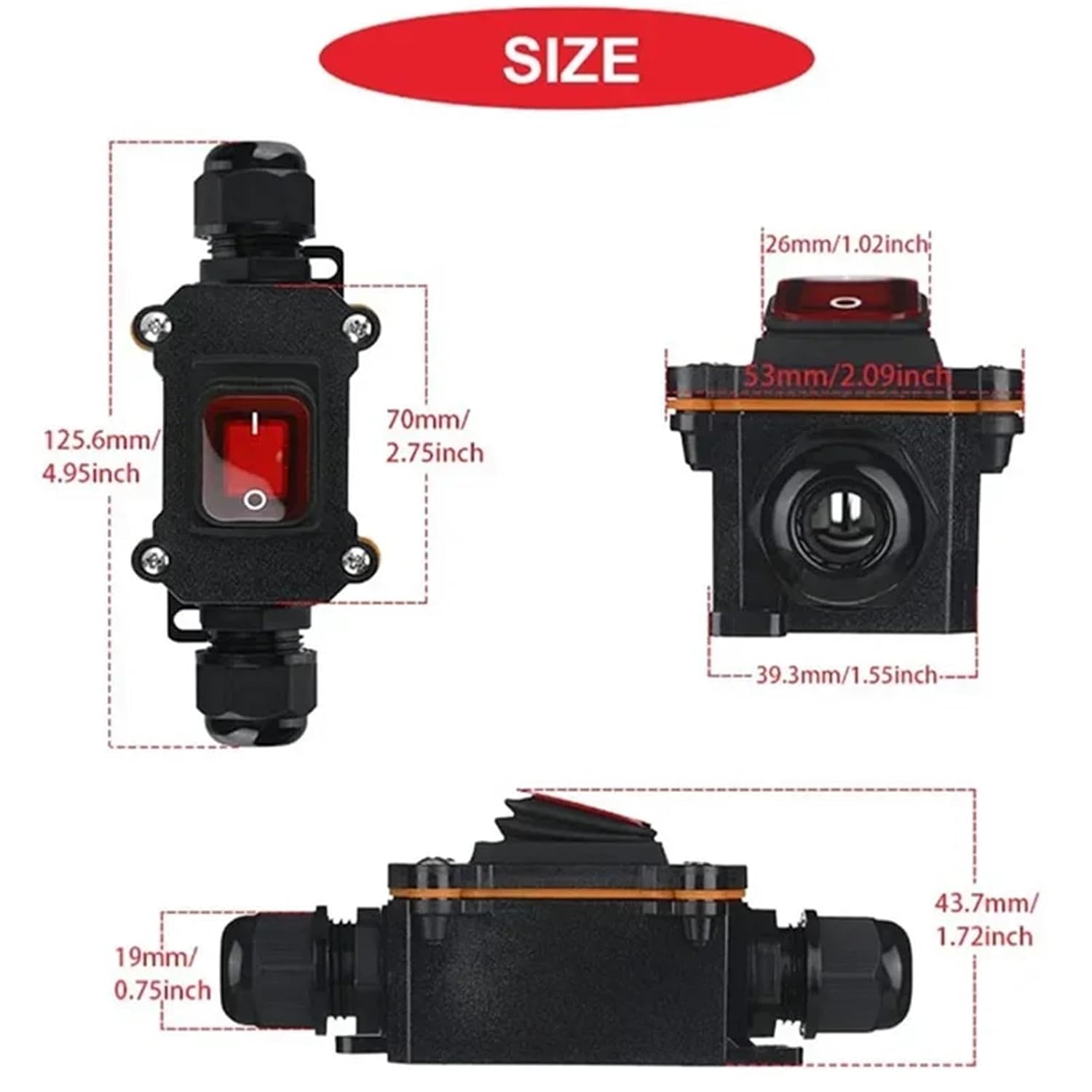 Inline Cord Switch 6PCS IP67 Waterproof Marine Rocker Switches - 20A, 110V-220V/12V-24V (Outdoor Use)(2 Head-110V 220V)