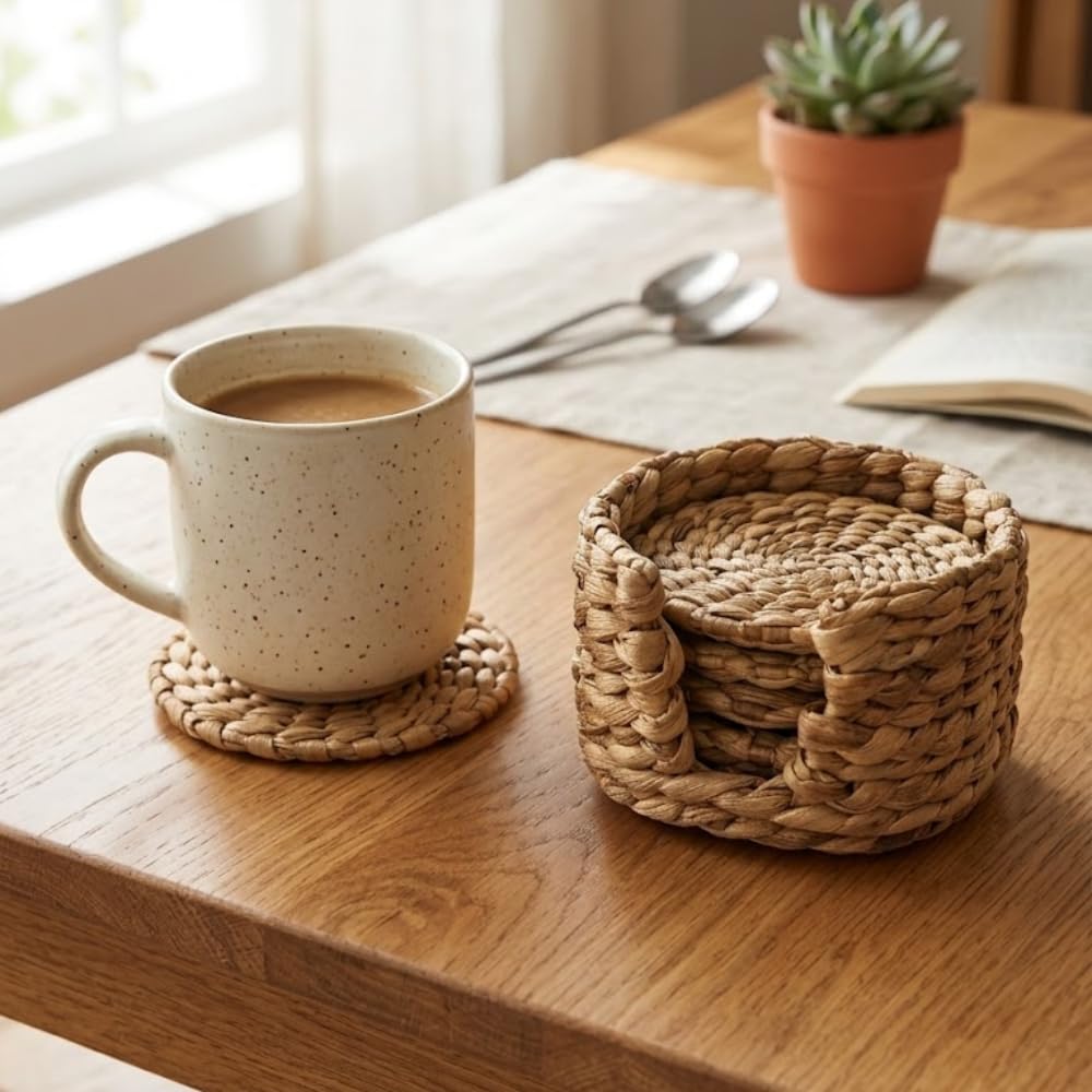Handwoven Wicker Coaster Set with Holder, 6 Natural Round Drink Coasters with Storage Holder, Rustic Farmhouse Boho Table Protection for Coffee Tables, Dining Rooms, Home Decor-image-27