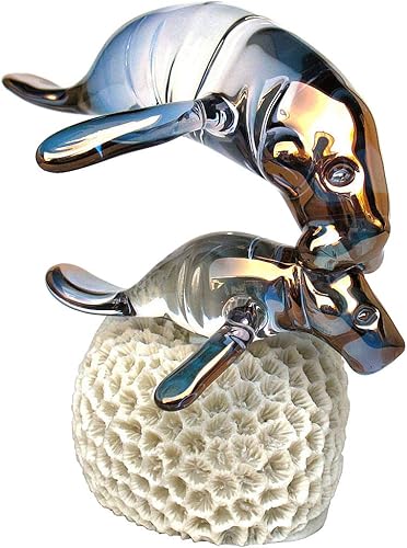 Manatee and Calf Figurine of Hand Blown Glass on Coral