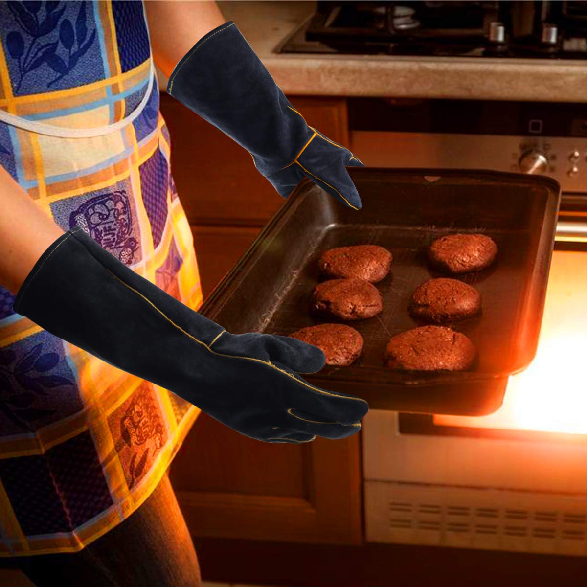 Gants de Soudeur en Cuir 932 °F Gants de Travail Haute Température pour Soudage BBQ Cuisine Four De Cuisson Jardinage