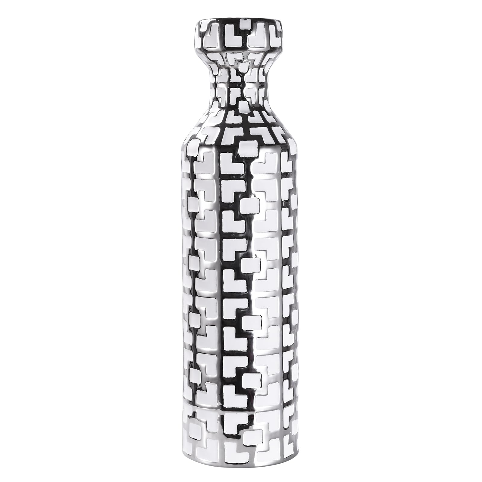 NewSangXia Jarrón de suelo de 24.4 pulgadas de alto, cerámica negra con patrones geométricos plateados, jarrones cilíndricos grandes, decoración moderna del hogar para sala de estar, entrada o
