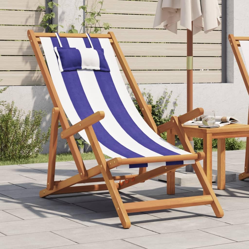 vidaXL Chaise de Plage Pliable Bleu et Blanc Bois d'eucalyptus/Tissu, Chaise Longue, Chaise d'extérieur, siège d'extérieur, Chaise de Camping