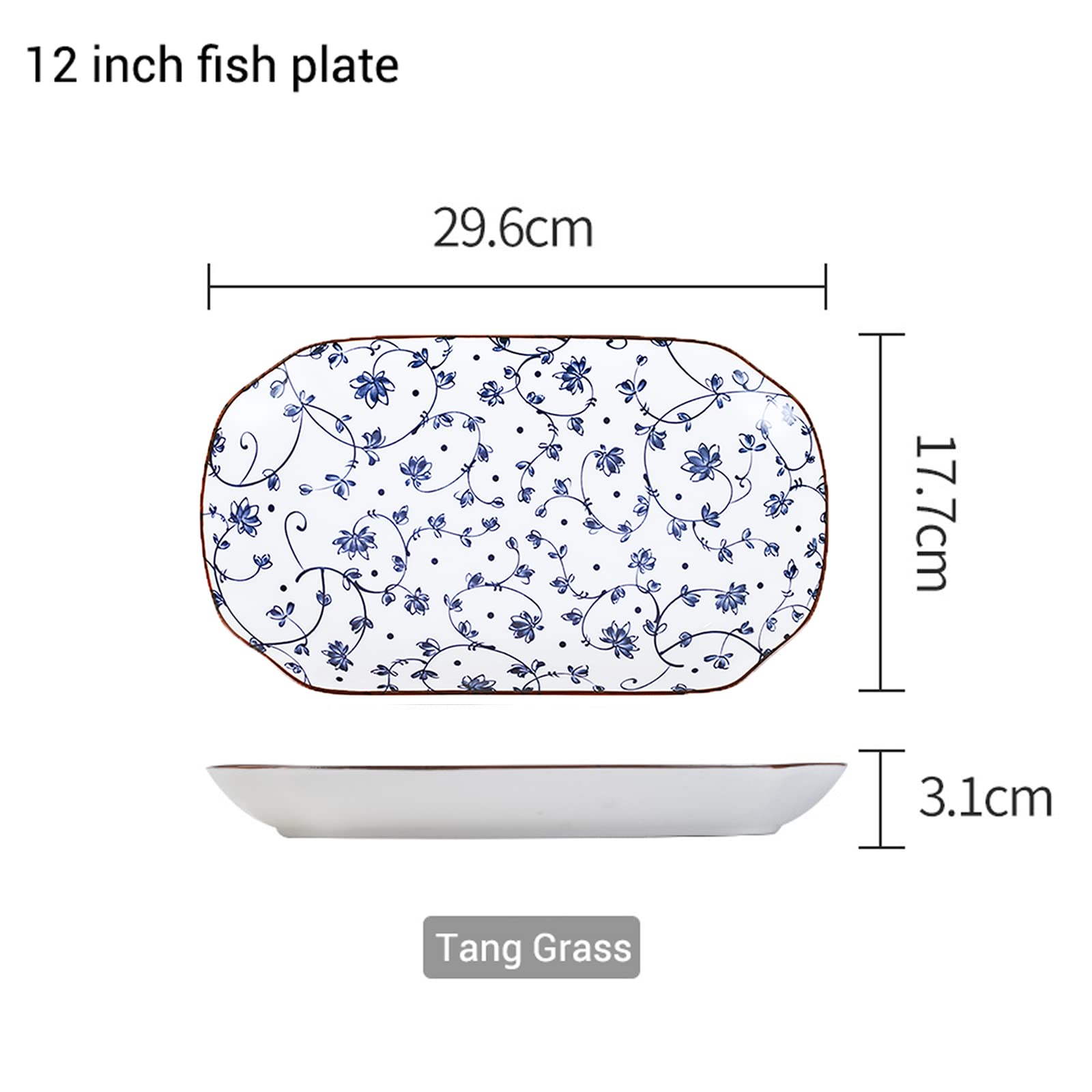 Gegong Plato de pescado de porcelana azul y blanco de 30,48 cm para servir plato floral de cena poco profunda, aperitivo, ensalada, postre y merienda