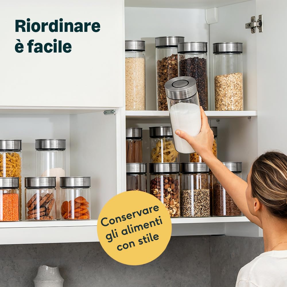 SILBERTHAL Set 6 barattoli vetro ermetici e antitarme - Per dispensa cucina impilabili - 1,7+1,5+1,3+1+0,7+0,4L