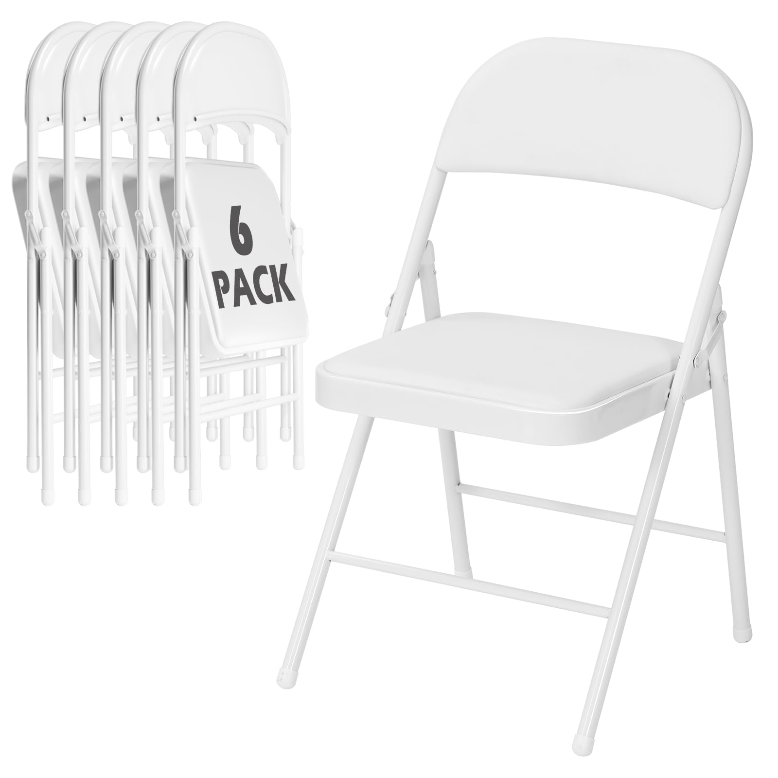 6 Pack White Padded Folding Chairs with Metal Frame