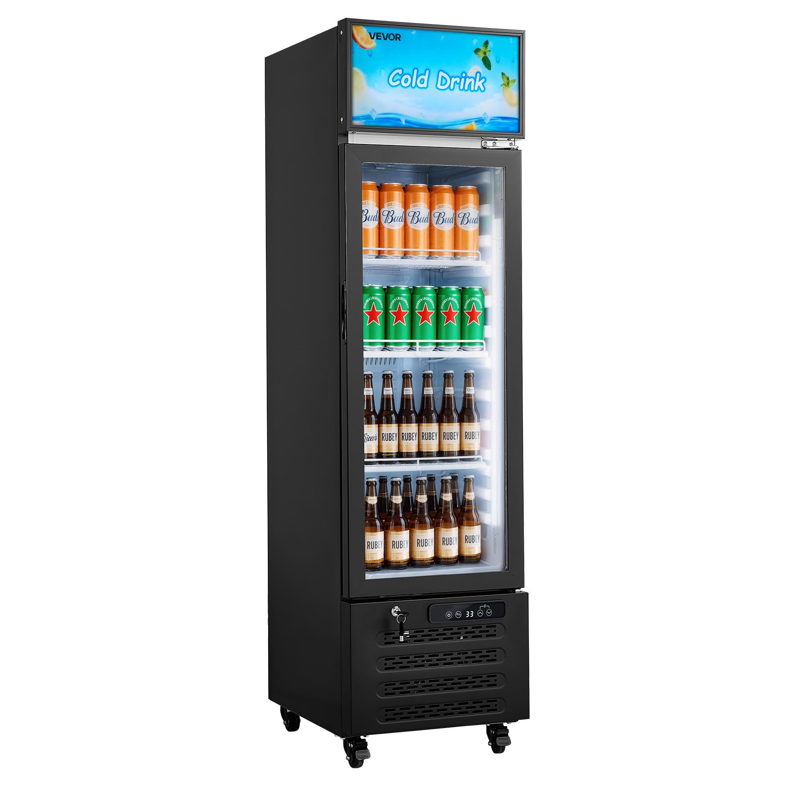 VEVOR Commercial Merchandiser Refrigerator, 6.1 Cu.Ft / 173 L Glass Door Display Refrigerator, Upright Beverage Cooler with Customizable Lightbox, 3 Adjustable Shelves &amp; Soft LED Light for Homes Shops