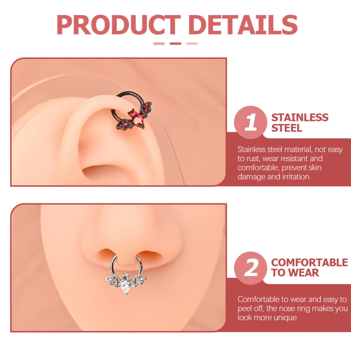 Uonlytech 15 Pezzi Anelli al Naso in Acciaio Inossidabile a Forma di Pipistrello, Design Unico e Lucido, Piercing Naso Chic per Donne in Occasione Regalo