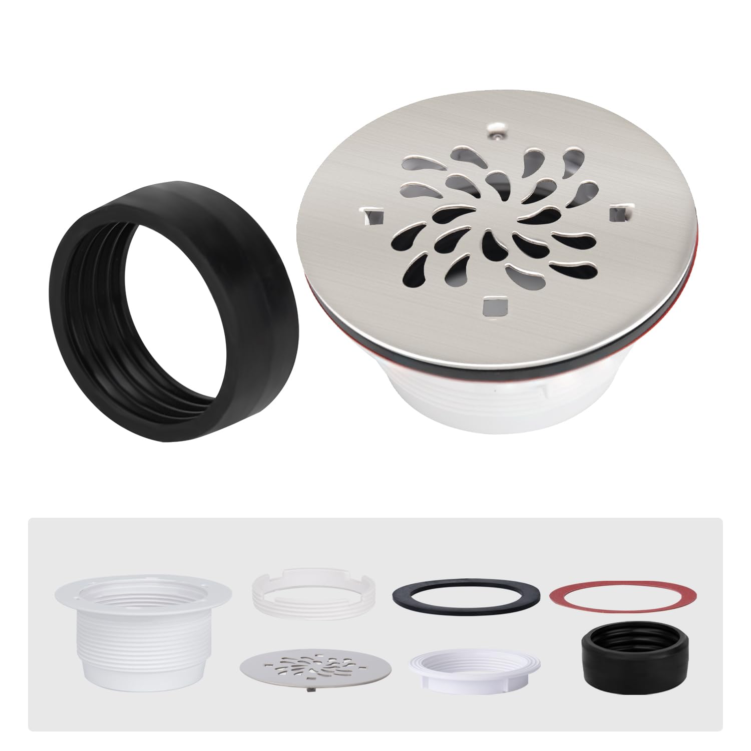 Uni-Green 4-1/4 inch Round Shower Base Drain - 2" Pipe No Caulk PVC Compression Shower Drain 304 Stainless Steel with Waterproof Rubber - Strainer for