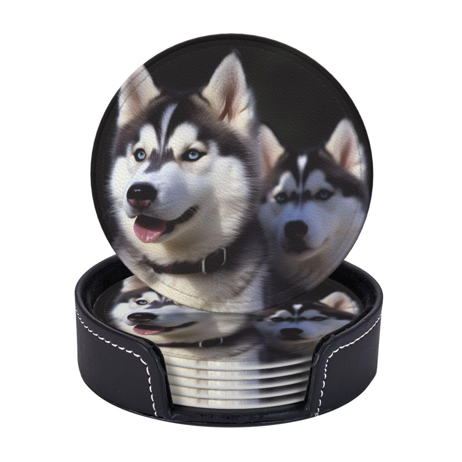 Round Coasters for Drinks Set of 6 - PU Leather Coasters with Holder - Modern Drink Coasters for Coffee Table - Husky Dog Coaster for Tabletop Protection 4" Cup Mat Pad