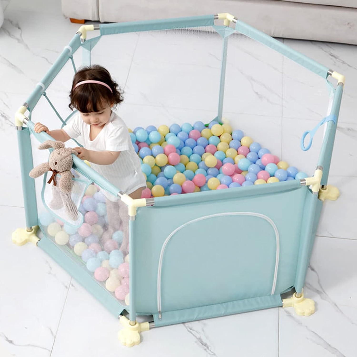 Jolan Baby Playpen with Mat,Hex Playpen,Kids Safety Playard Crawling Playpen,Portable Baby Fence, Playpen for Baby and Toddlers,with Breathable Mesh and Zip Door,for Indoor Outdoor,Pink-125×65×65cm