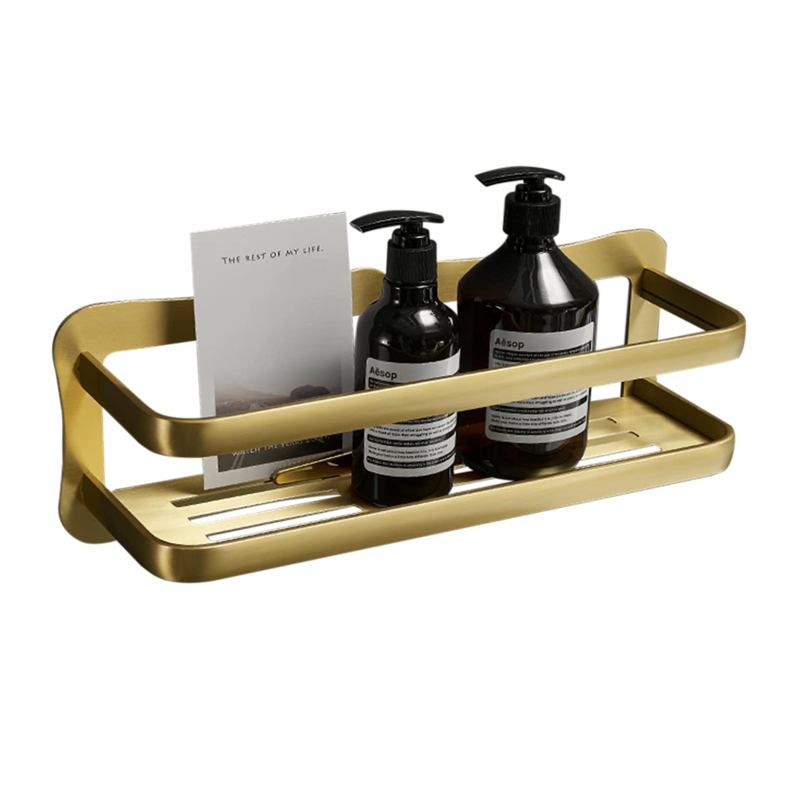 Estante de baño de aluminio dorado sin perforación con adhesivo para pared