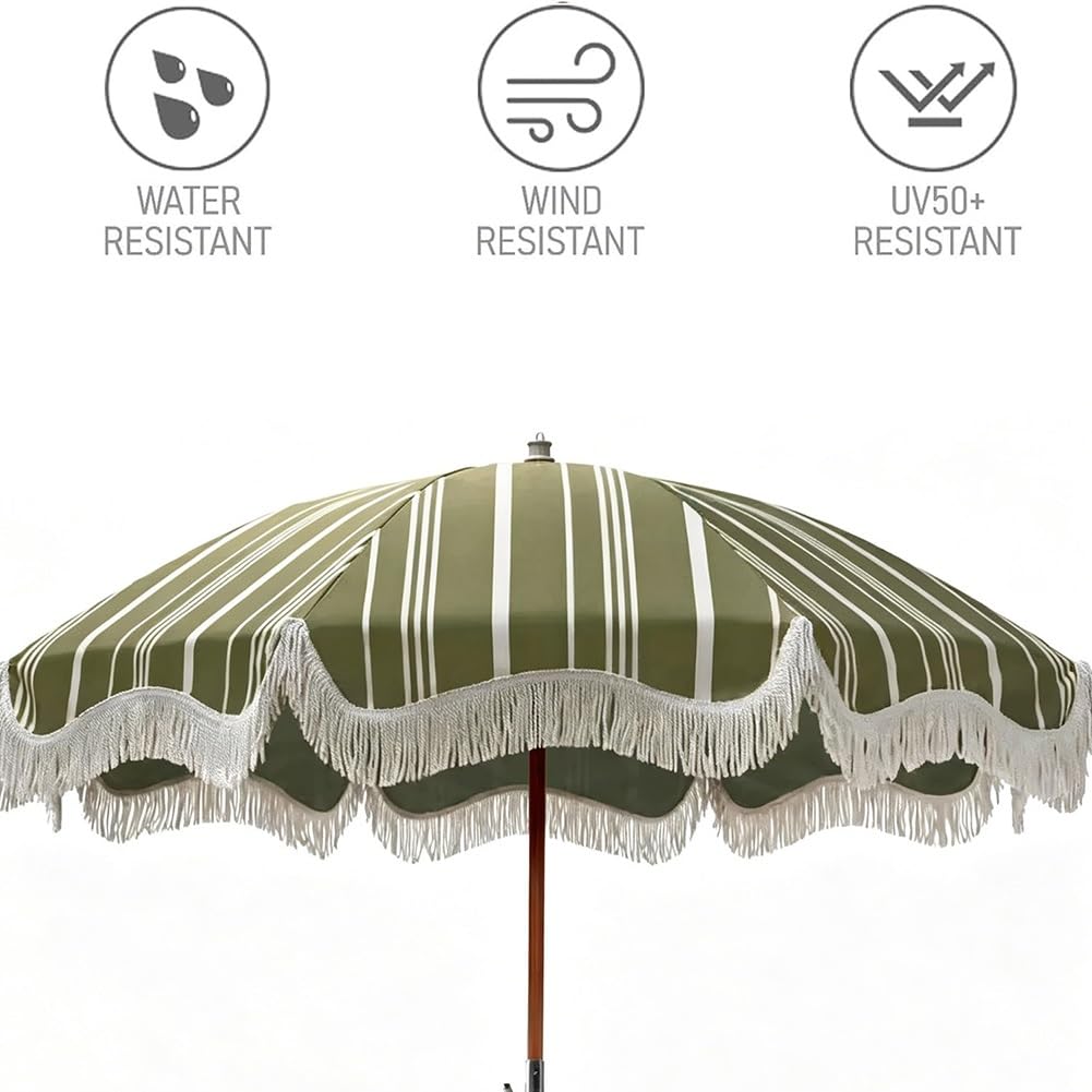 200 cm Vintage Parasol Plażowy w Paski z Frędzlami; Składany Parasol Ogrodowy w Boho z Drewnianym Trzonkiem i 8 Żebrami z Włókna Szklanego